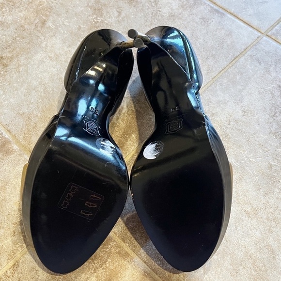 Bruno Frisoni d’orsay patent leather black & gold open toe stiletto heels 38 7.5 - Picture 7 of 10